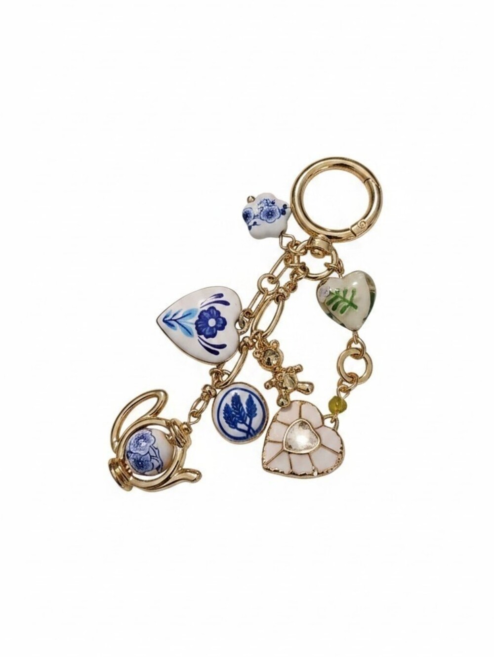 Piper K Gold-tone Ceramic Floral Charm Keychain - Blue & White Hearts - Picture 2 of 4
